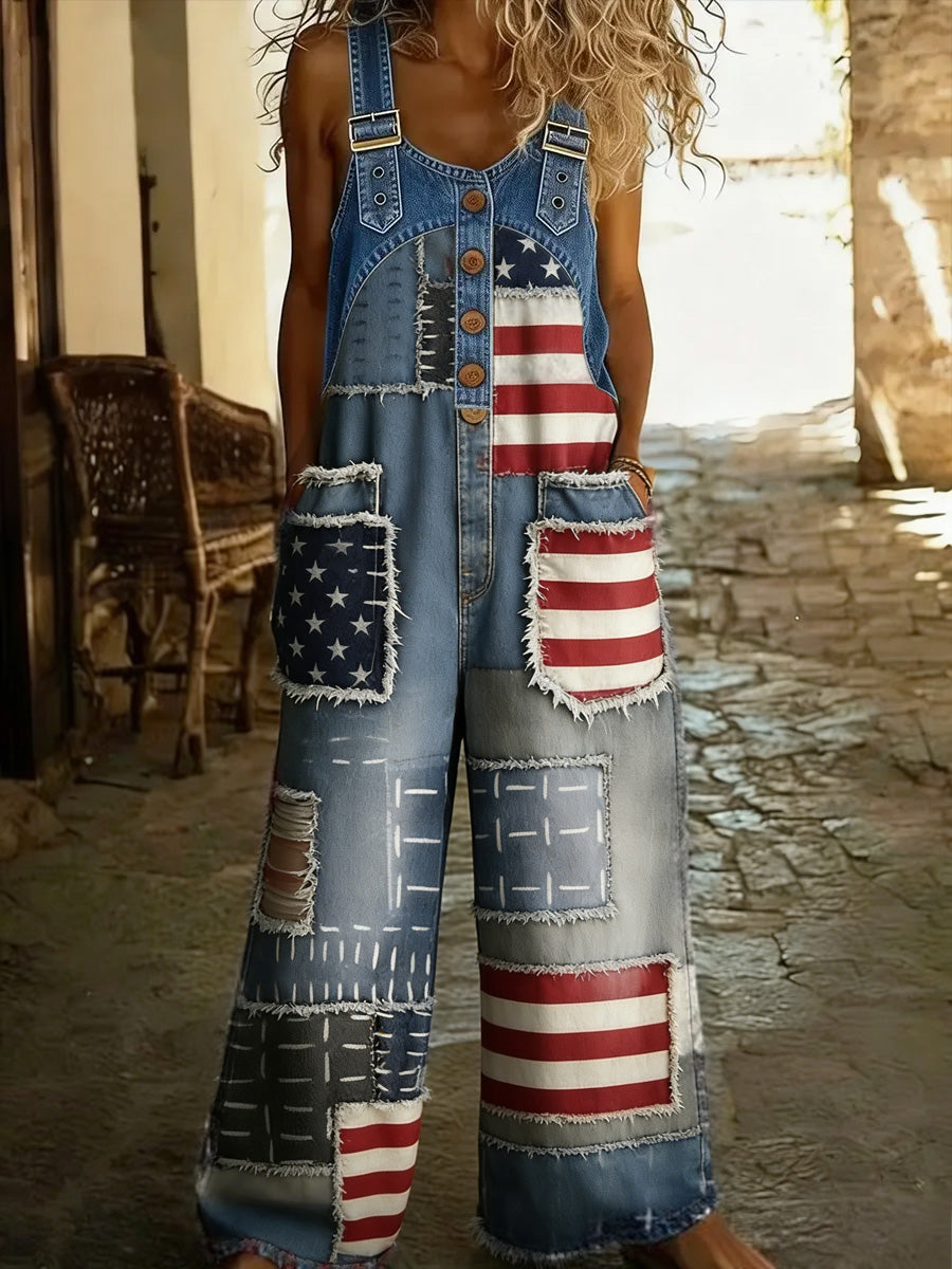 Women's Retro Floral Color-Blocked Art Print Washed Cotton Denim Patchwork Jumpsuit